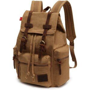 Unisex Khaki Casual Backpack 17-inch Laptop Backpack Genuine Leather Hiking Bag